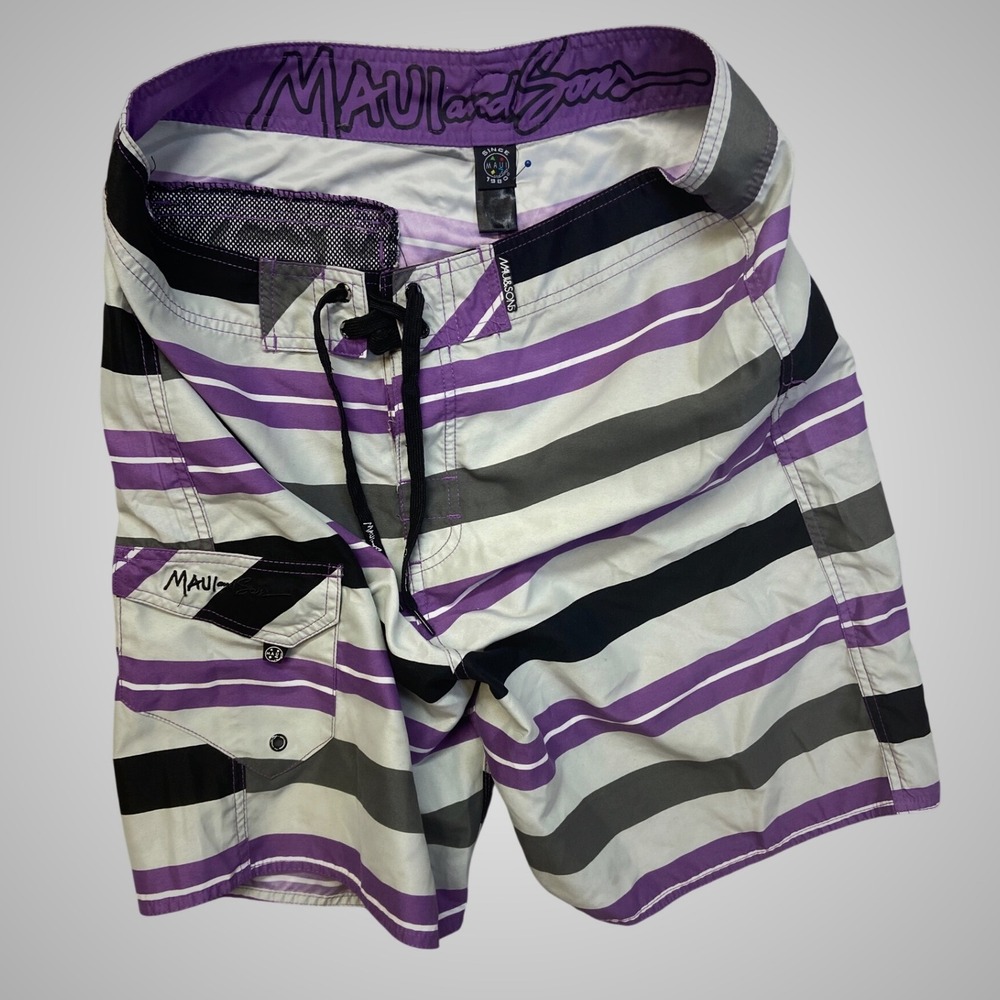 Maui and Sons Board Shorts Mens‎ 34 Purple Striped Excellent Lace Up Surf Trunks